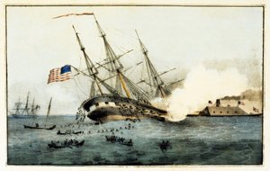 Le naufrage du Cumberland par le Merrimac blindé, au large de Newport News, Va., 8 mars 1862, pub. 1862 - American School